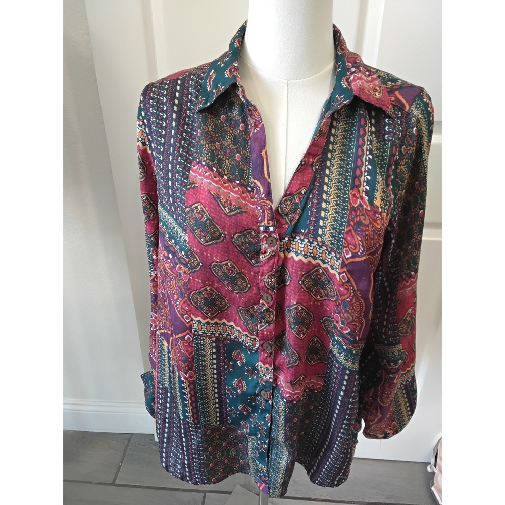 Masala Womens Medium Paisley Patchwork Print Button Down Blouse Long Sleeve Teal
